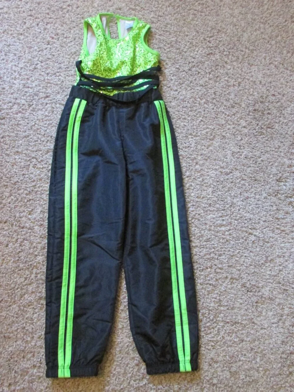 NWOT Weissman IC Black Bright Green Sequin Dance Jazz Outfit One Piece Jumpsuit